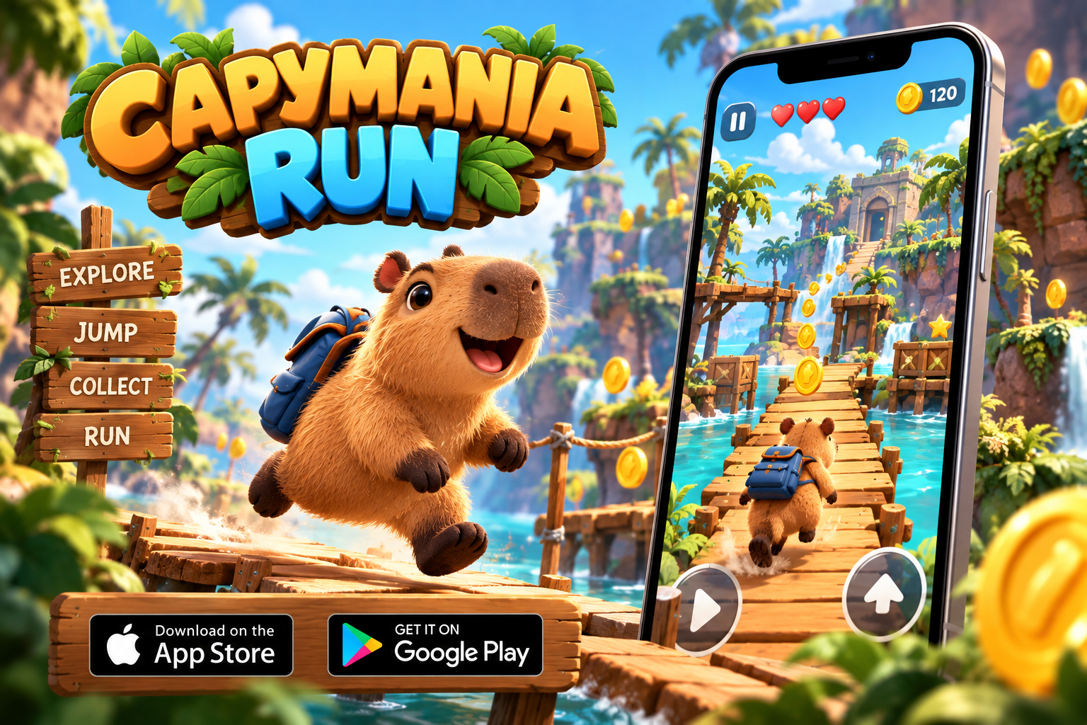 Capymania Run, kapybara s batohom beží po drevenom moste v džungli
